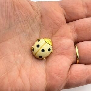 Vintage Crown Trifari Cream Enamel Ladybug Pin Gold Tone Black Polka Dot Brooch